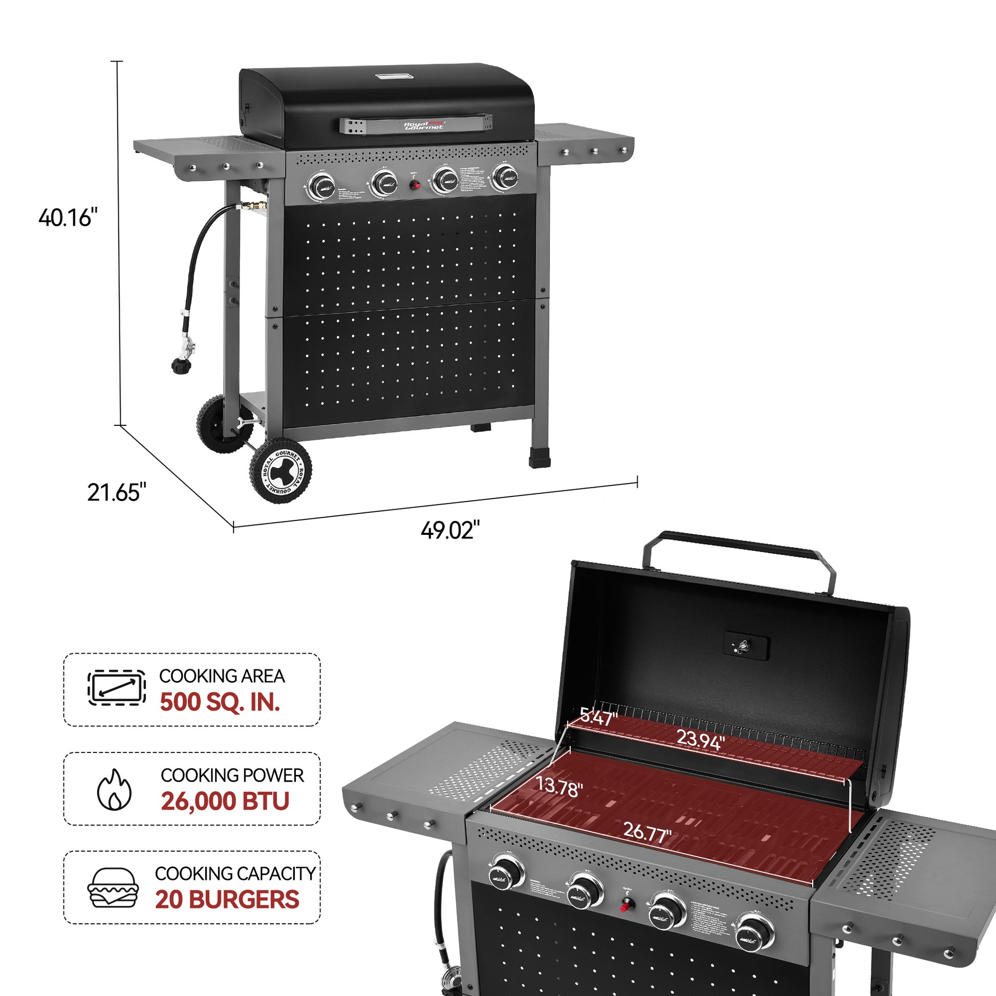 Royal Gourmet Black barbecue grill with dimensions and features on a white background