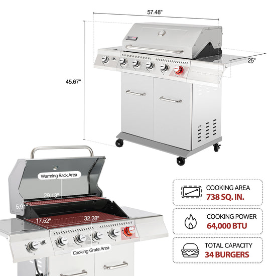 Stainless steel Royal Gourmet gas grill with dimension callouts showing overall height, width, and depth, plus a lower inset showing cooking area measurements. Feature callouts list 738 sq.