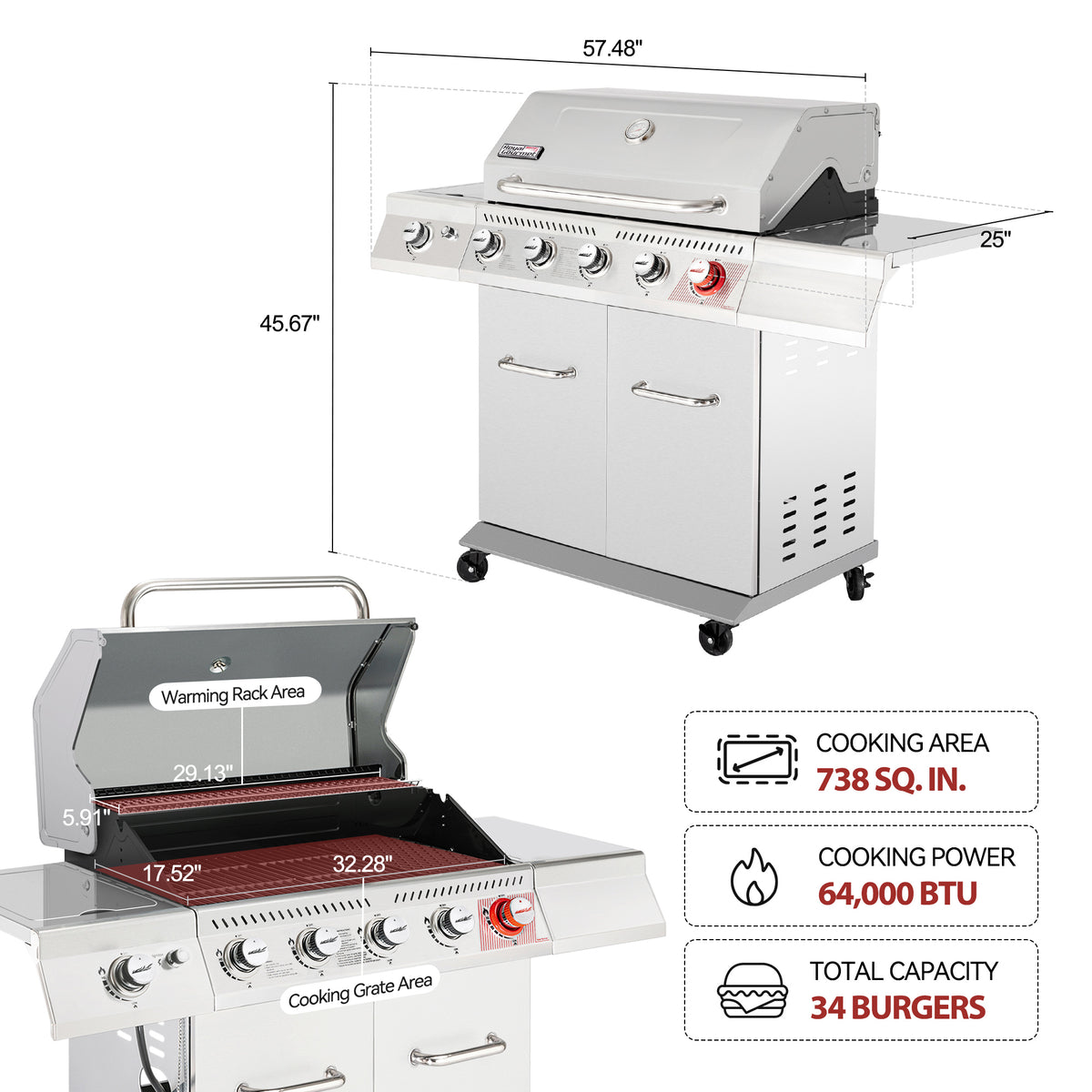 Stainless steel Royal Gourmet gas grill with dimension callouts showing overall height, width, and depth, plus a lower inset showing cooking area measurements. Feature callouts list 738 sq.