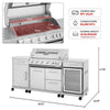 Stainless steel Royal Gourmet outdoor gas grill and side bar set with built-in cooler, shown with dimension callouts and feature badges. The main product photo is the full grill-and-barrel unit, with an inset close-up of the grill interior and text noting 891 sq.