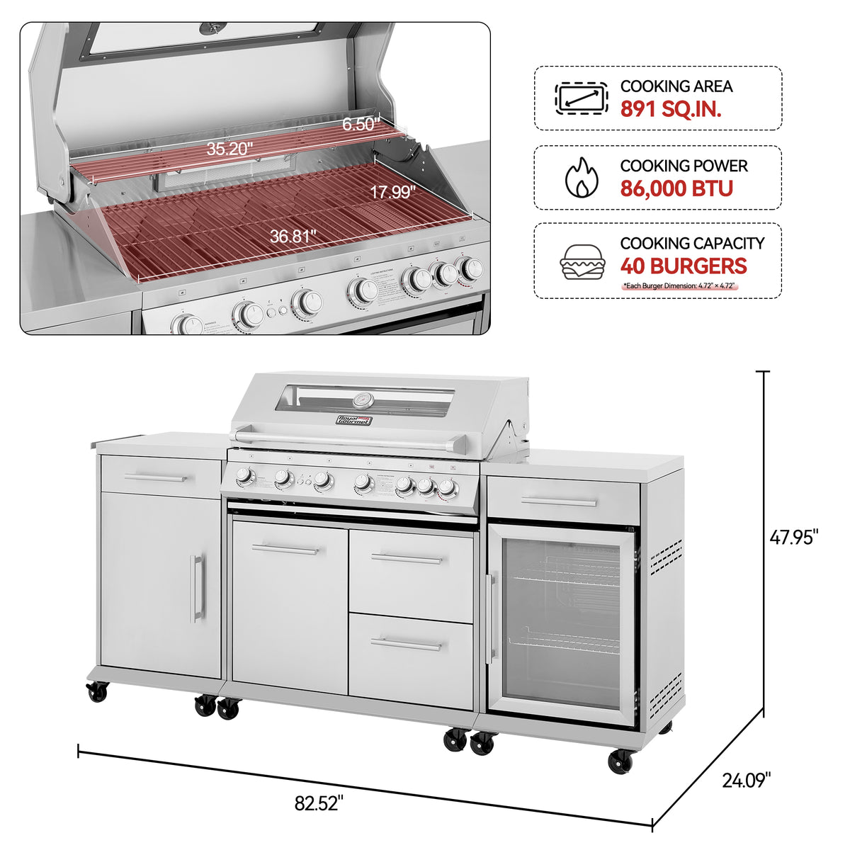 Stainless steel Royal Gourmet outdoor gas grill and side bar set with built-in cooler, shown with dimension callouts and feature badges. The main product photo is the full grill-and-barrel unit, with an inset close-up of the grill interior and text noting 891 sq.
