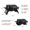 Royal Gourmet Black portable grill with dimensions and specifications on a white background