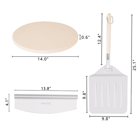 Measurement chart of a Royal Gourmet pizza peel and pizza stone with dimensions labeled.