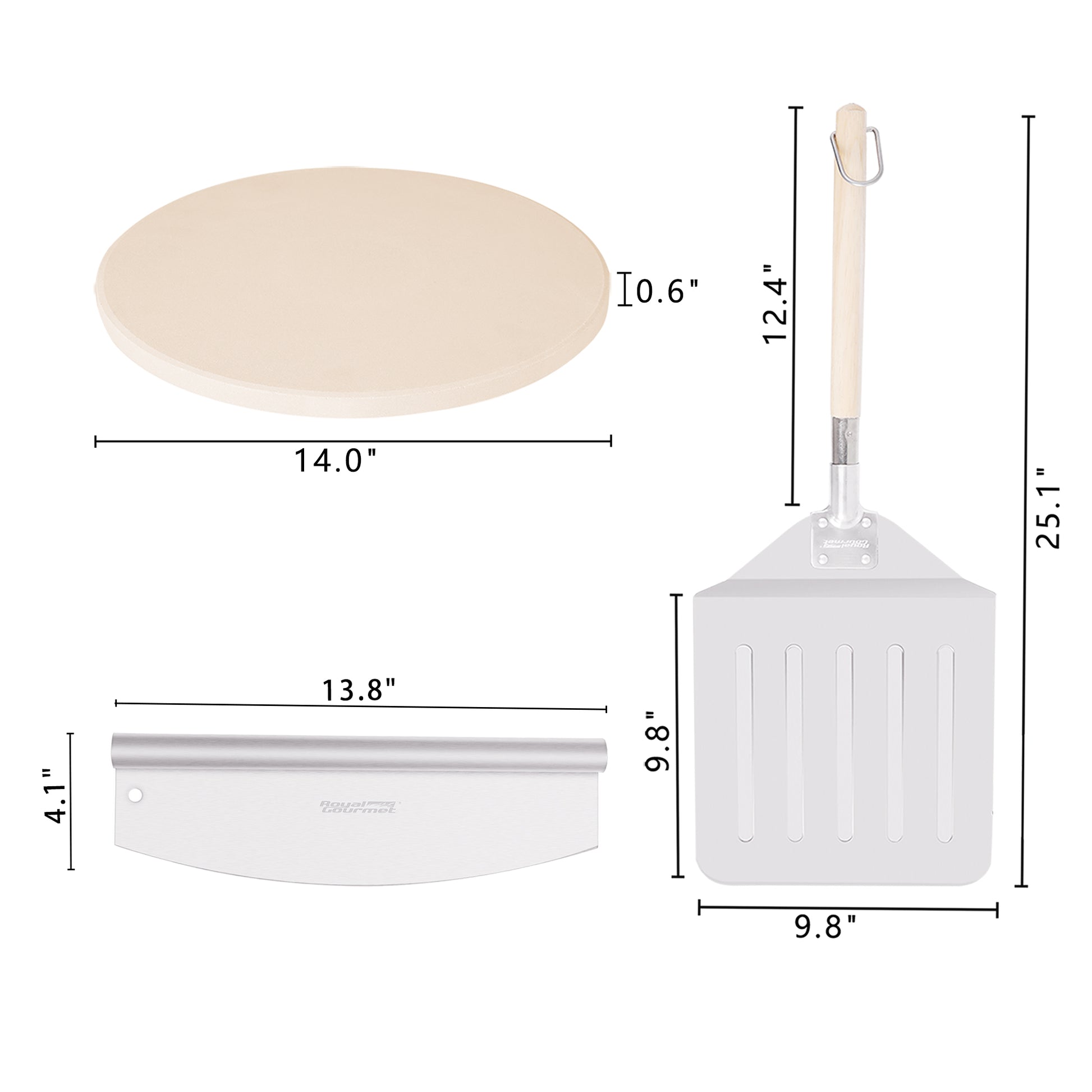 Measurement chart of a Royal Gourmet pizza peel and pizza stone with dimensions labeled.