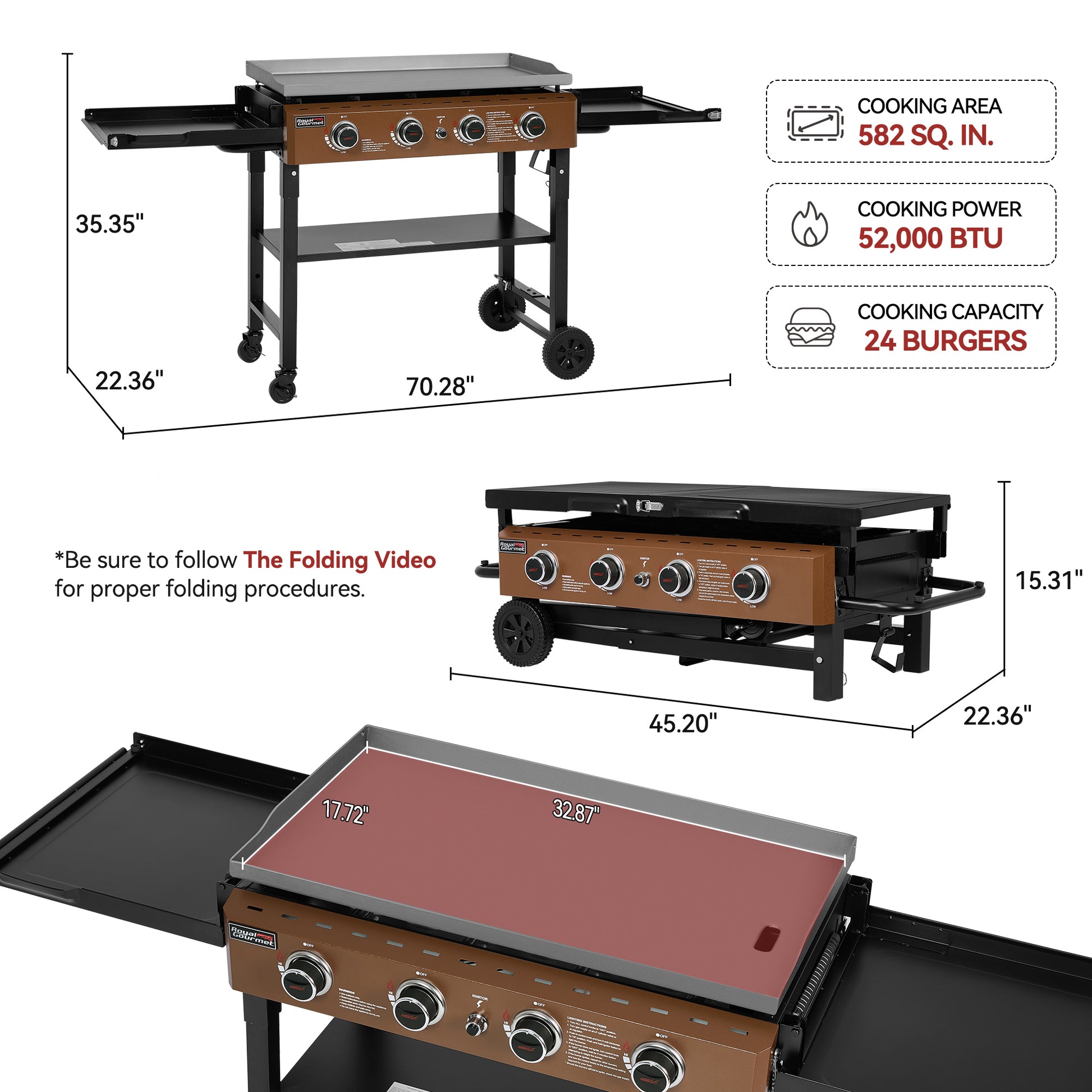 Multifunctional outdoor cooking station with dimensions and features displayed.