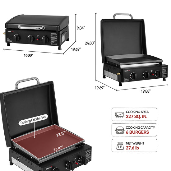 Royal Gourmet Black grill with dimensions and features displayed on a white background