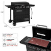 Black portable Royal Gourmet gas grill with measurement annotations showing height, width, and folded dimensions, plus a smaller inset view of the open grill with cooling area dimensions and feature callouts.