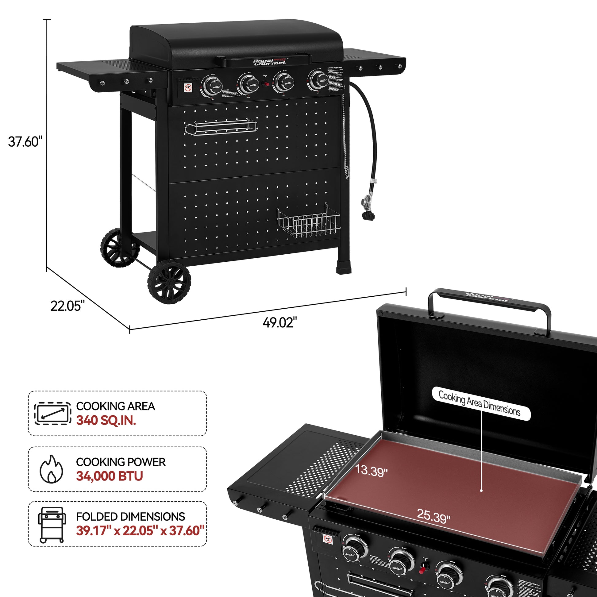 Black portable Royal Gourmet gas grill with measurement annotations showing height, width, and folded dimensions, plus a smaller inset view of the open grill with cooling area dimensions and feature callouts.