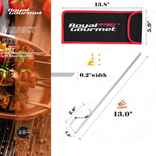Barbecue skewer with Royal Gourmet branding, dimensions, and usage scenario.