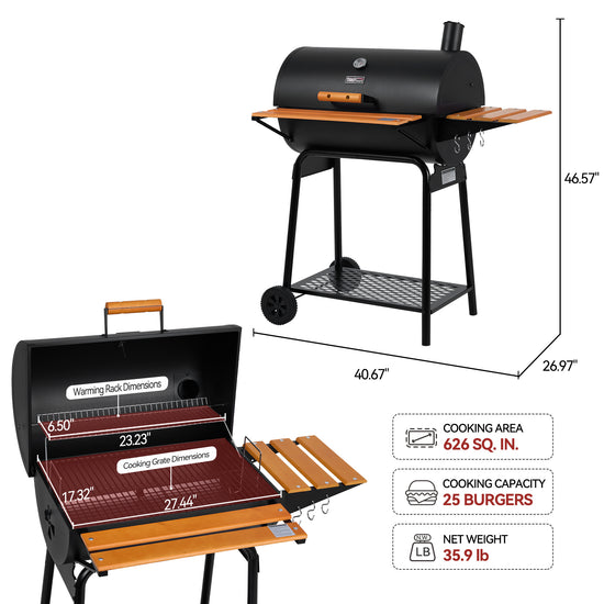 Black outdoor Royal Gourmet charcoal grill with wood-look side tables and legs, shown with dimension callouts and feature icons on a white background.