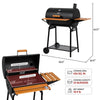Black outdoor Royal Gourmet charcoal grill with wood-look side tables and legs, shown with dimension callouts and feature icons on a white background.