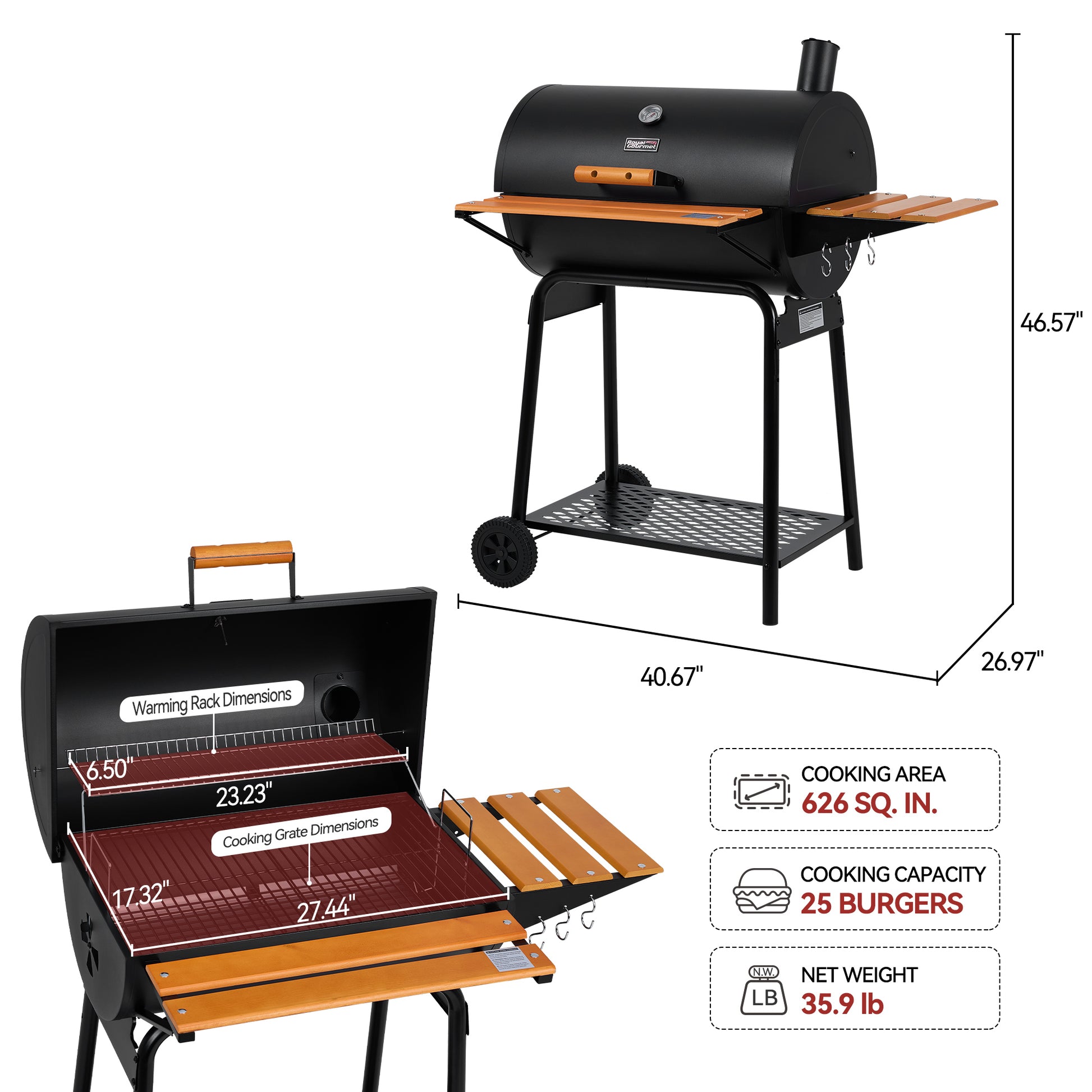 Black outdoor Royal Gourmet charcoal grill with wood-look side tables and legs, shown with dimension callouts and feature icons on a white background.