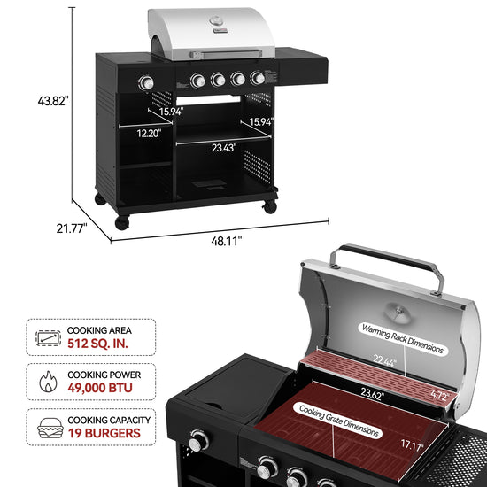 Black Royal Gourmet barbecue grill with dimensions and features displayed on a white background