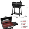 Black barbecue grill with dimensions and features displayed on a white background