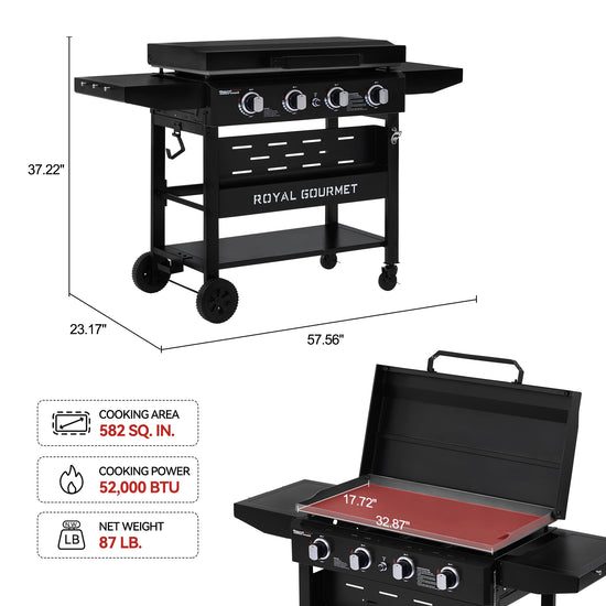 Black Royal Gourmet grill with dimensions and specifications on a white background