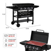 Black Royal Gourmet grill with dimensions and specifications on a white background