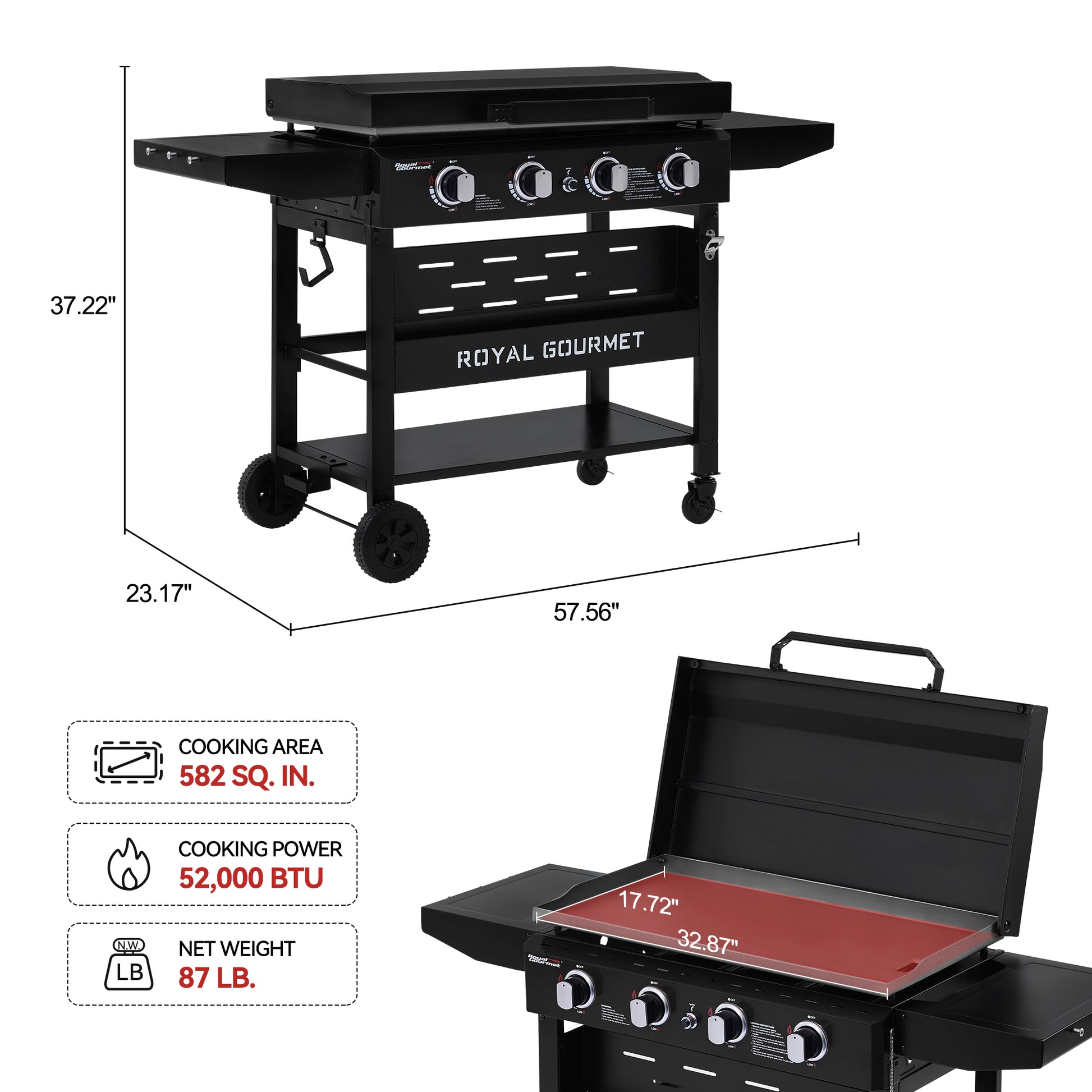 Black Royal Gourmet grill with dimensions and specifications on a white background