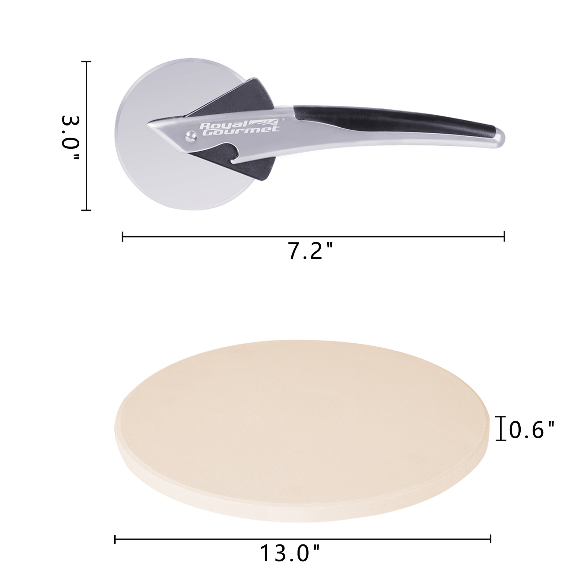 Royal Gourmet Pizza cutter with dimensions labeled on a white background