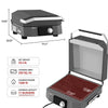 Black and gray electric Royal Gourmet grill with lid shown open, featuring dimension callouts, weight specs, cooking area, power, and burger capacity on a white background.