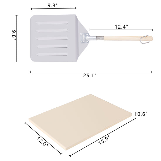 Measurement chart of a Royal Gourmet  spatula and a pizza stone with dimensions labeled.