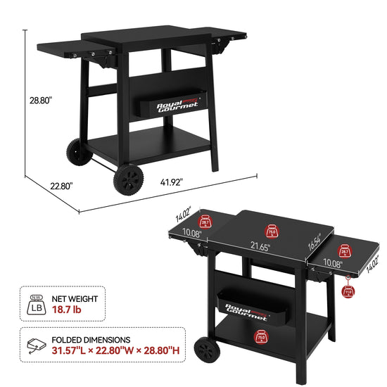 Black outdoor bar cart with dimensions, weight, and folded dimensions shown on a white background. The top view shows the cart upright with side tables and shelves, and the bottom view shows it folded flat.