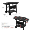Black outdoor bar cart with dimensions, weight, and folded dimensions shown on a white background. The top view shows the cart upright with side tables and shelves, and the bottom view shows it folded flat.