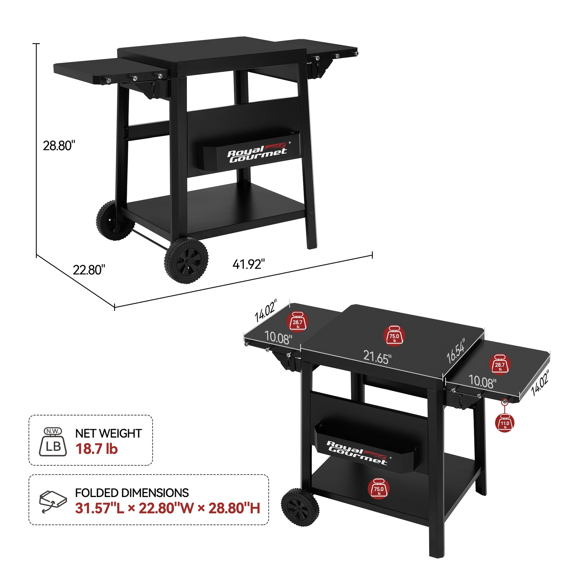 Black outdoor bar cart with dimensions, weight, and folded dimensions shown on a white background. The top view shows the cart upright with side tables and shelves, and the bottom view shows it folded flat.