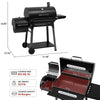 Royal Gourmet Black barbecue grill with dimensions and features displayed on a white background