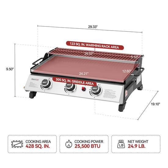Royal Gourmet  Griddle with dimensions and specifications on a white background