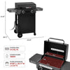 Black Royal Gourmet gas grill shown with dimension callouts and feature icons, including width, height, folded dimensions, cooking area, and cooking power. A second view shows the open lid and interior grates.