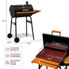 Black and orange grill with dimensions and capacity details on a white background