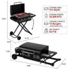 Black Royal Gourmet gas grill shown on a white background with dimension lines and feature callouts. The top view shows the open lid, legs, and side shelf, while the bottom view shows the closed grill with extended side table.