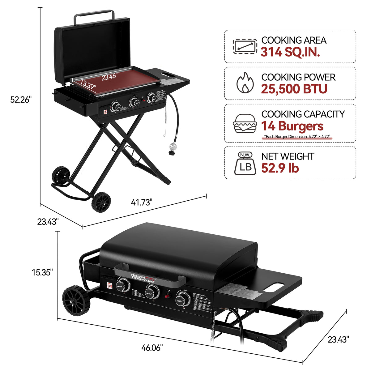 Black Royal Gourmet gas grill shown on a white background with dimension lines and feature callouts. The top view shows the open lid, legs, and side shelf, while the bottom view shows the closed grill with extended side table.