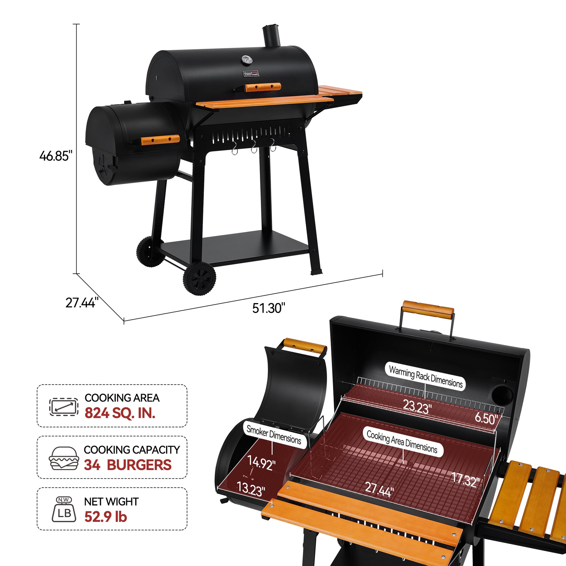 Royal Gourmet  Outdoor grill with dimensions and features displayed on a white background