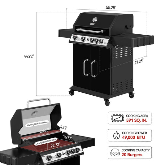 4-Burner Gas Grill with Lidded Side Burner