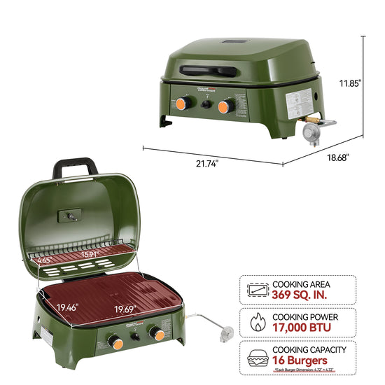 An outdoor single-burner Royal Gourmet gas grill shown on a white background with multiple views and dimension callouts. One view shows the closed grill with measurements around it, and another shows the open grill with interior grates and depth labels.