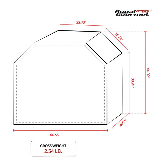 Measurement chart for a product with dimensions labeled, including Royal Gourmet branding.