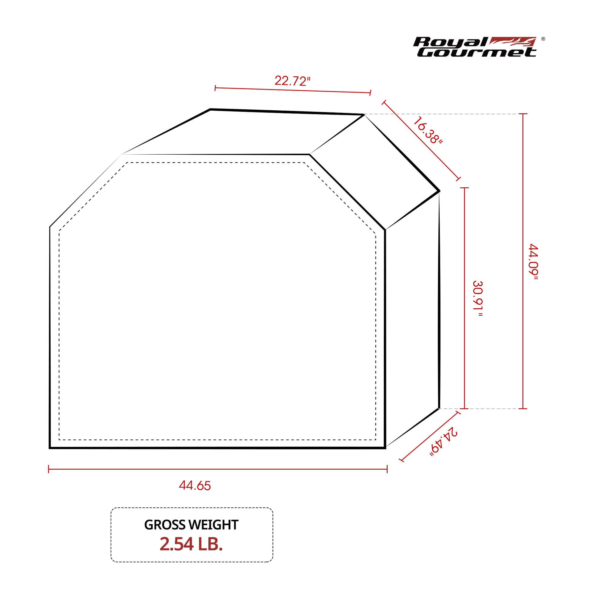 Measurement chart for a product with dimensions labeled, including Royal Gourmet branding.