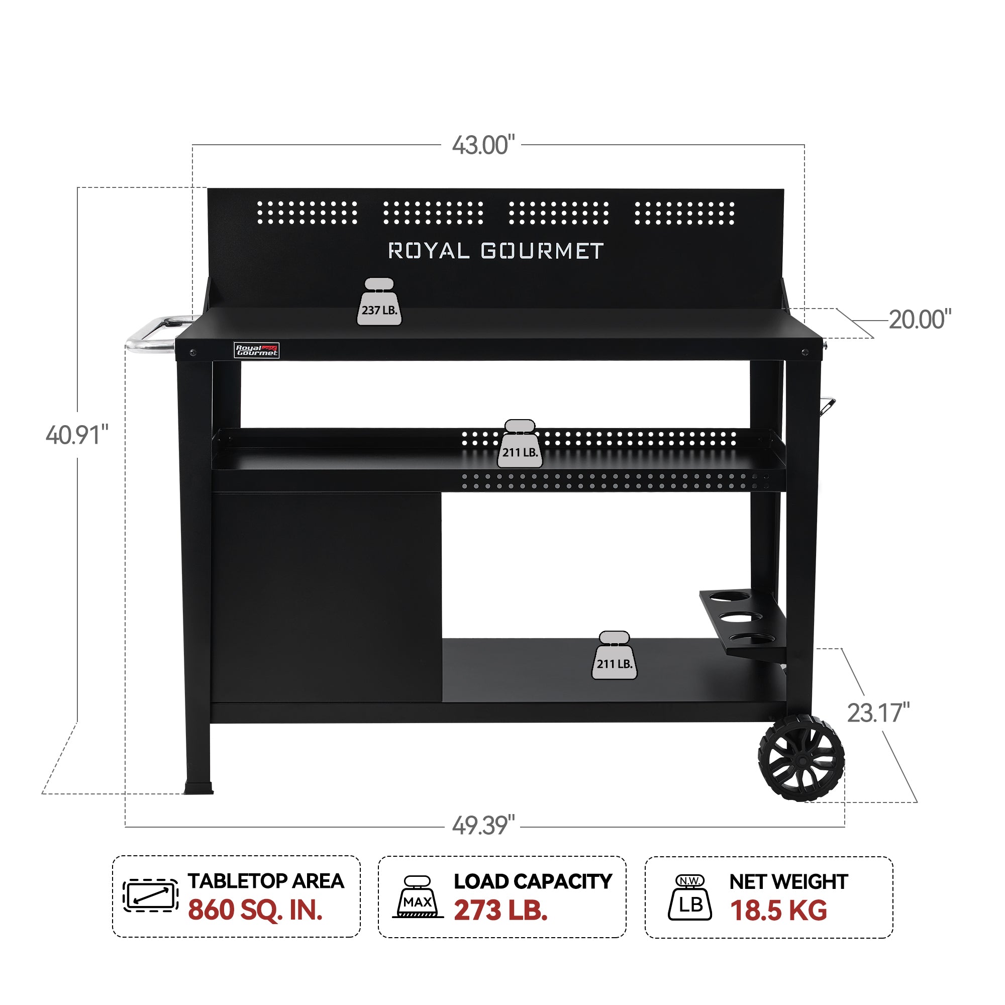 Royal Gourmet PC4401B 3-Tier BBQ Cart with Wind Guard | Outdoor