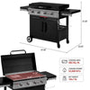 Royal Gourmet Black gas grill with side tables and storage cabinet, shown with dimension labels and feature callouts on a white background.