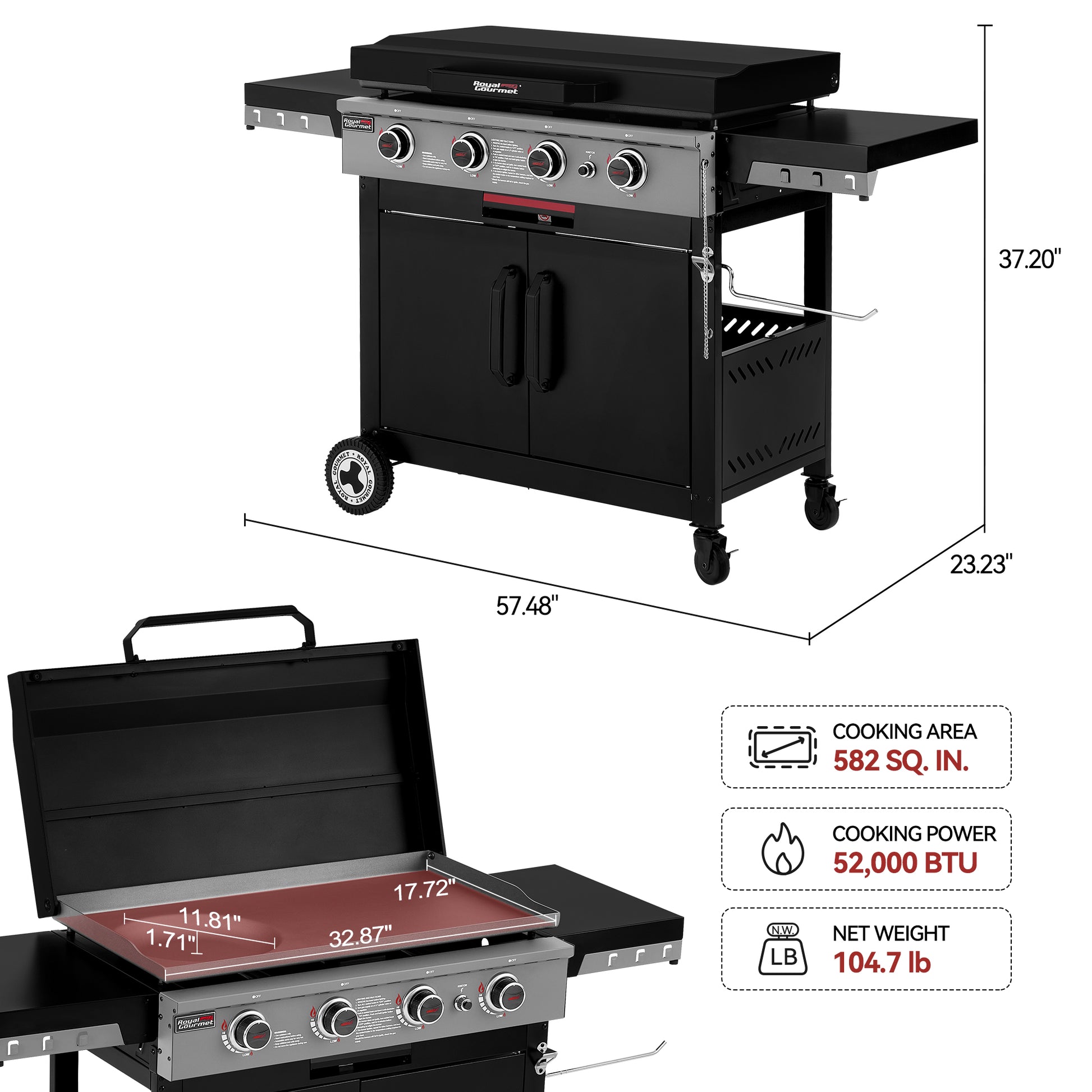 Royal Gourmet Black gas grill with side tables and storage cabinet, shown with dimension labels and feature callouts on a white background.