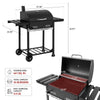 Black Royal Gourmet barbecue grill with dimensions and features on a white background