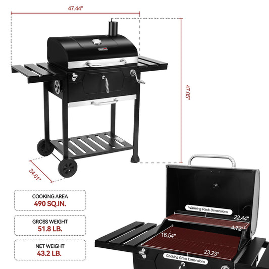 24-Inch Movable Charcoal Grill with Foldable Side Tables