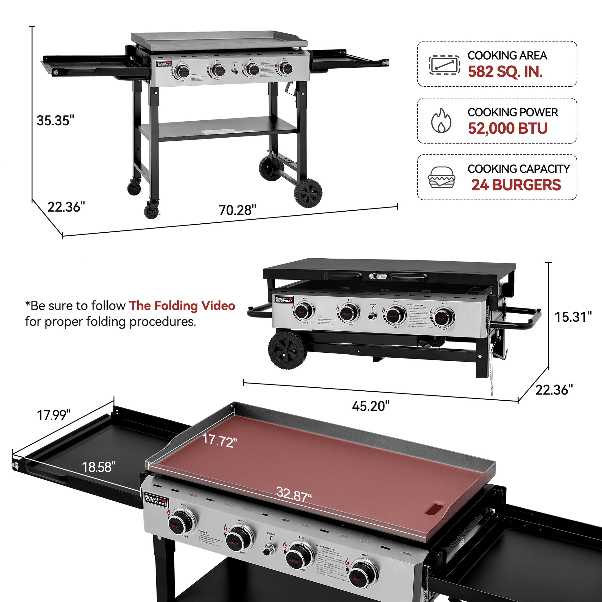 Portable Royal Gourmet grill with dimensions and specifications on a white background