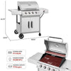 Stainless steel Royal Gourmet grill with dimensions and features displayed on a white background