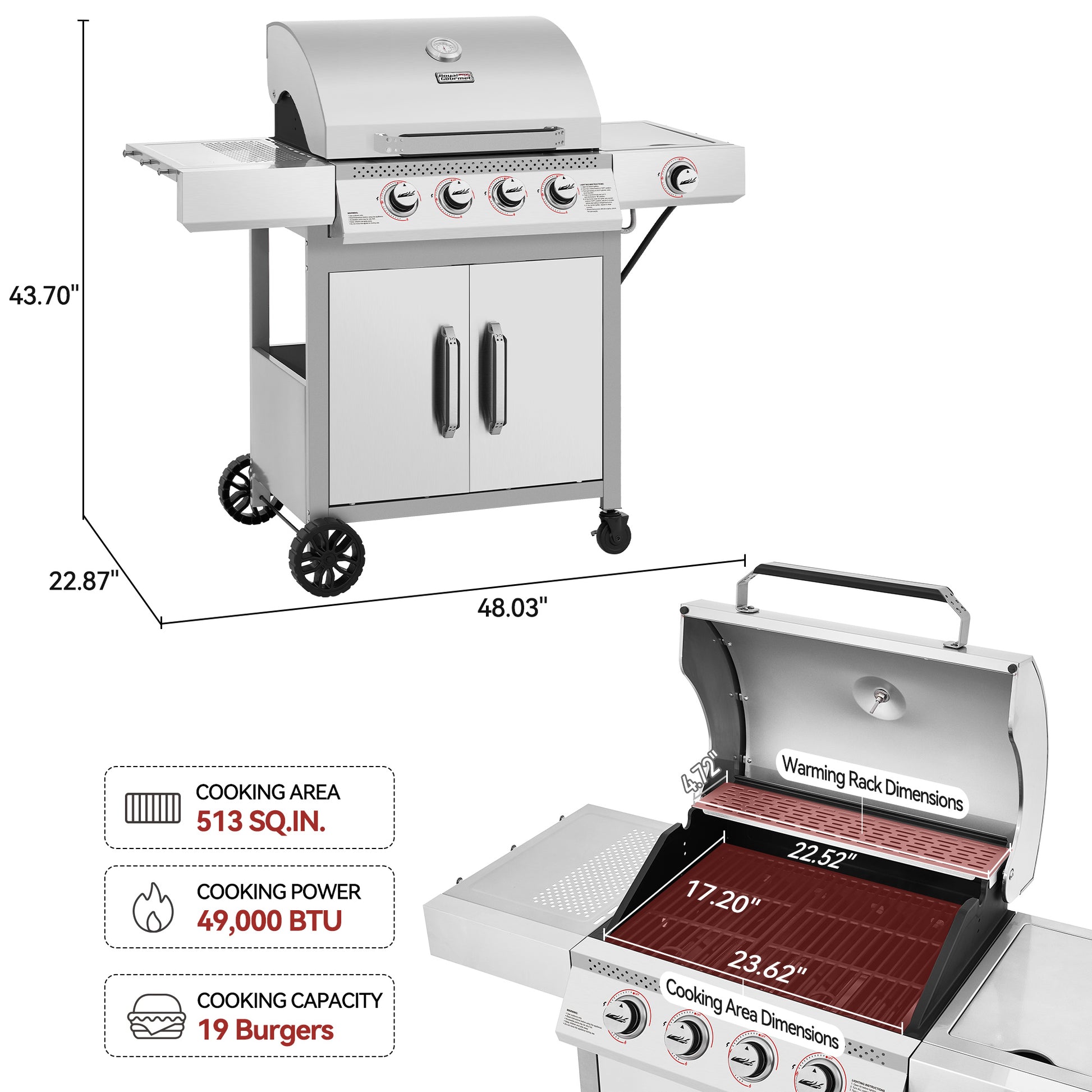 Stainless steel Royal Gourmet grill with dimensions and features displayed on a white background