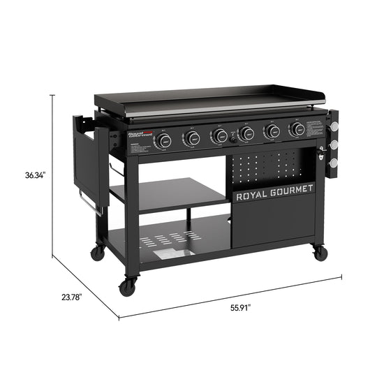 Royal Gourmet Black griddle with measurement dimensions on a white background